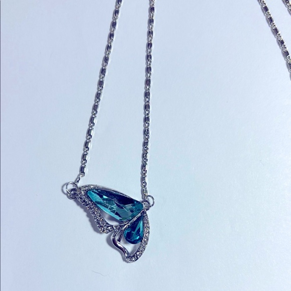 Silver and Blue Color Butterfly Pendant Necklace